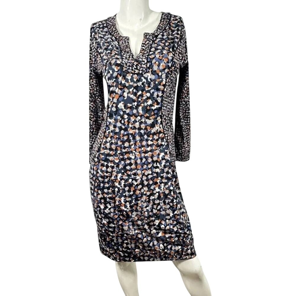 BCBGMAXAZRIA Francine Dress Womens Small Blue Orange Abstract Print Long Sleeve